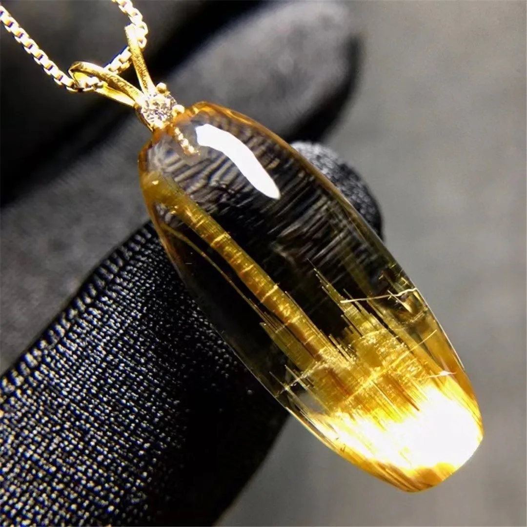 Top Natural Gold Rutilated Quartz Pendant For Woman Man 18K Gold Beauty Gemstone Energy Crystal 23x9x10mm Beads Jewelry AAAAA