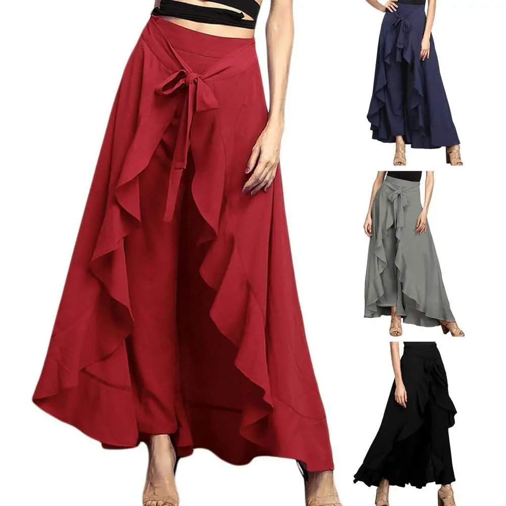 Ladies Pants Skirt Elegant High Waist Ruffle Patchwork Maxi Skirt with Irregular Hem Lace Up Ankle Length Women\'s Dance Party