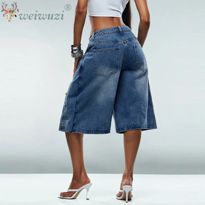 Women Y2K Street Style Denim Capri Pants High Waist  Asymmetrical Diagonal Button Wide Leg Culottes Vintage Baggy Cropped Jeans