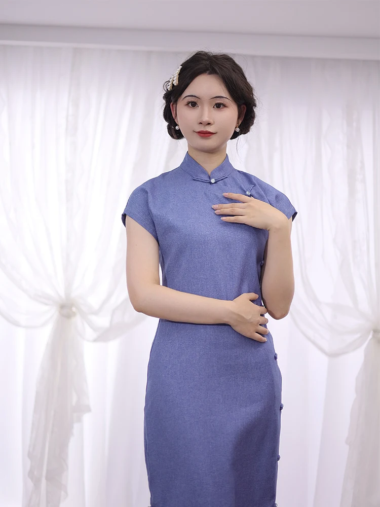 

Blue New Chinese Sle Reformed Qipao Young 2025 Artistic Spring Summer Girl's Elegance Qipao Polyester Fiber ort Sve