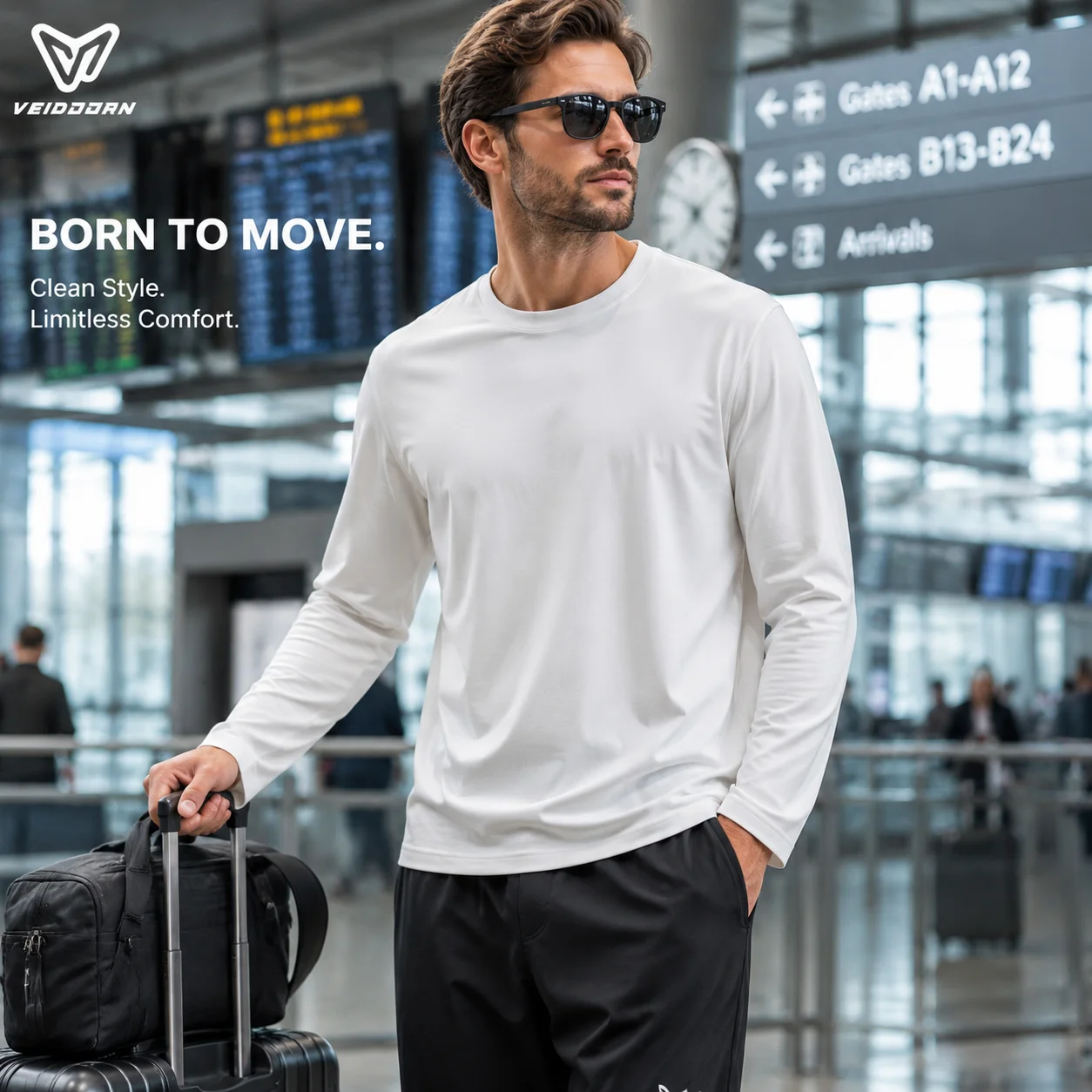 Veidoorn Minimalist Men Long‑Sleeve Sports T‑Shirt Solid Simple Design Breathable Casual Athletic Top for Workout Daily Wear
