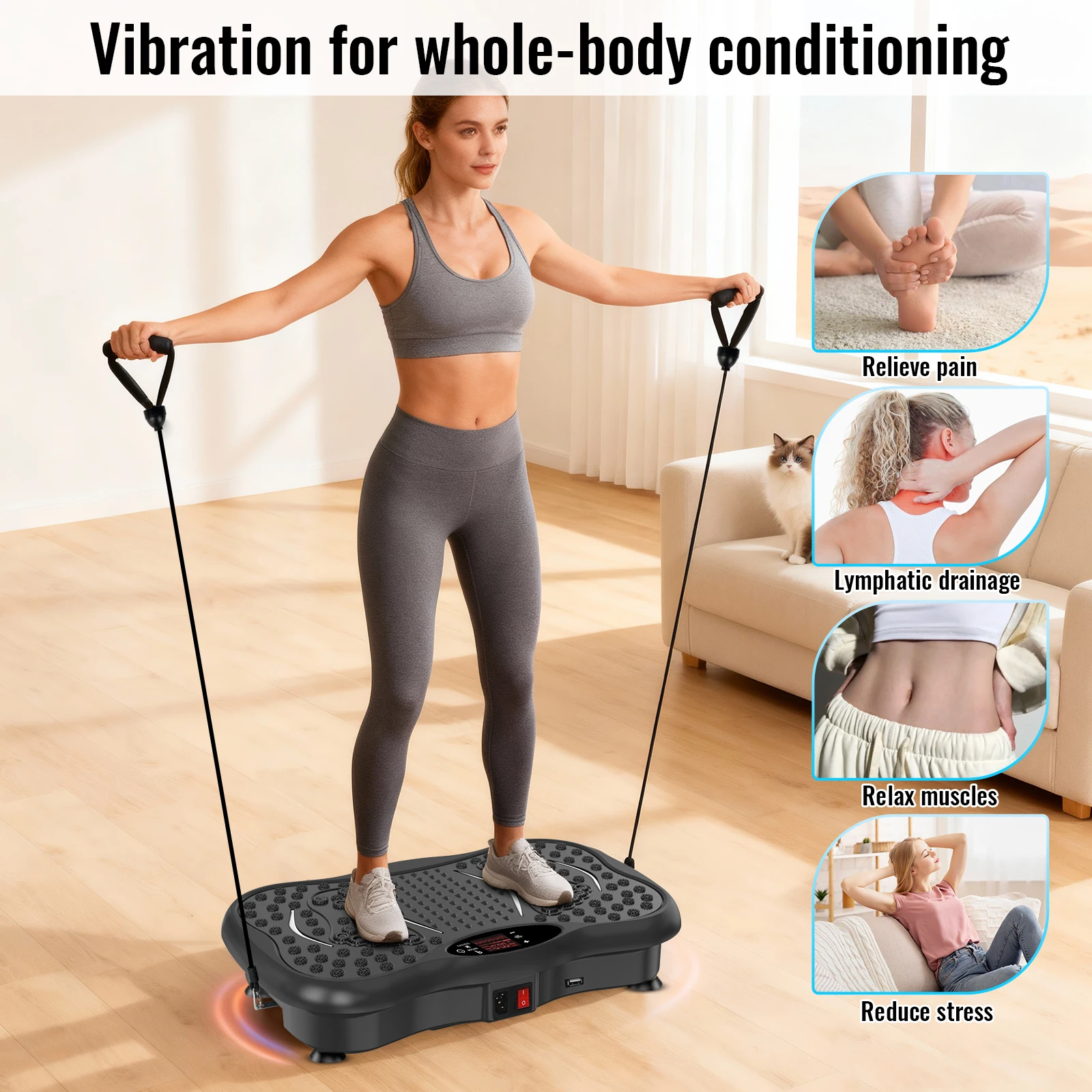 Macchina per esercizi con piastre vibranti per tutto il corpo, altoparlante Bluetooth, 5 modalità automatiche, display a LED, fasce elastiche per allenamento fitness domestico, 99 livelli di velocità,
