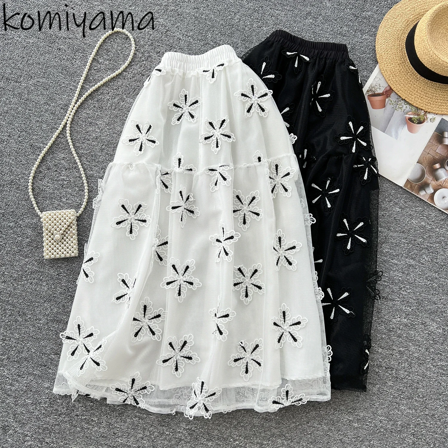 Flower Embroidery Flower Faldas Hollow Out Design Ropa Mujer Elegant High Waist Skirt Ball Gown Woman 2025 Skirts A-line Falda