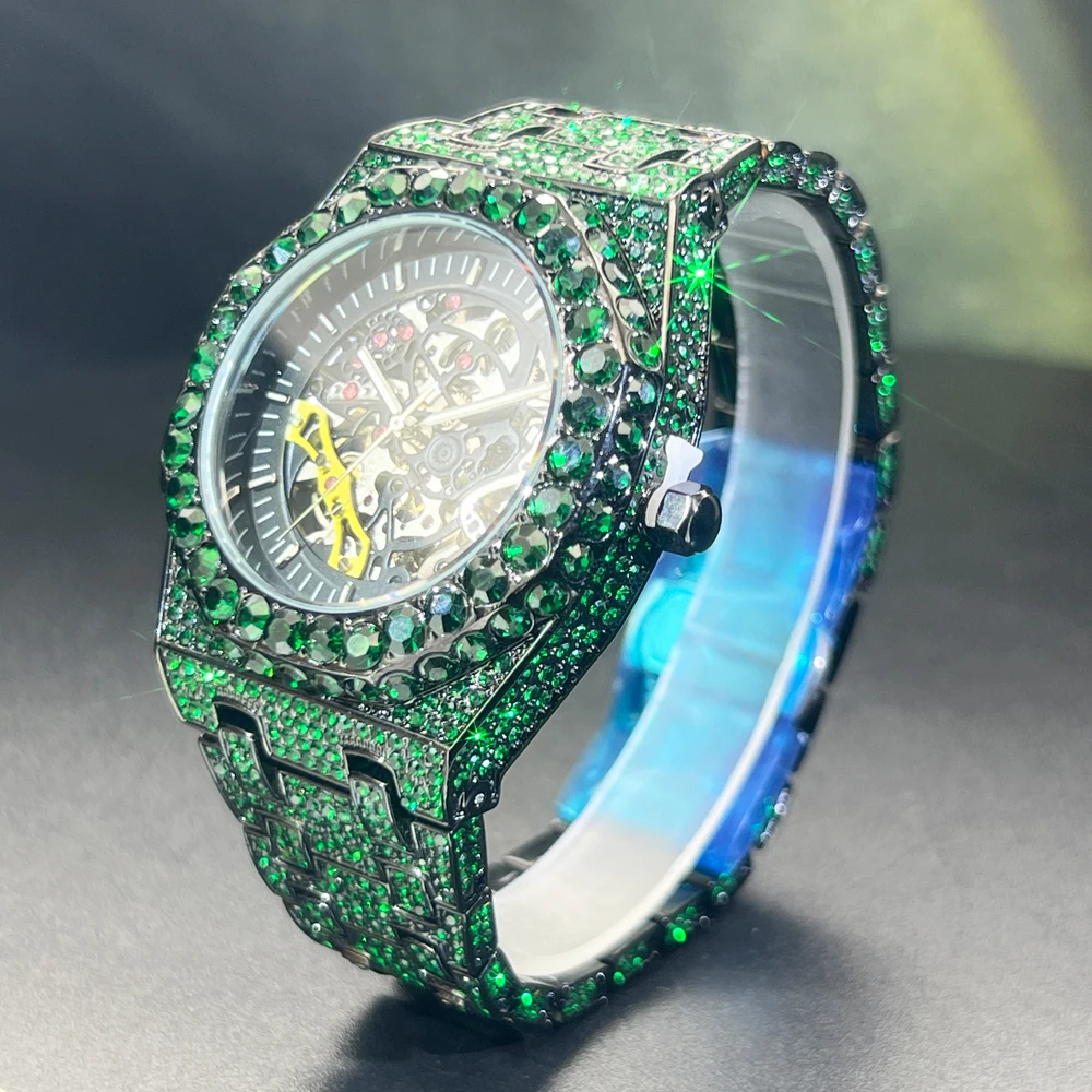 Automatic Watch For Men Luxury Full Green Ice Out Business Tourbillon Watches Bling Diamond Gold Male Mechanical Wristwatch