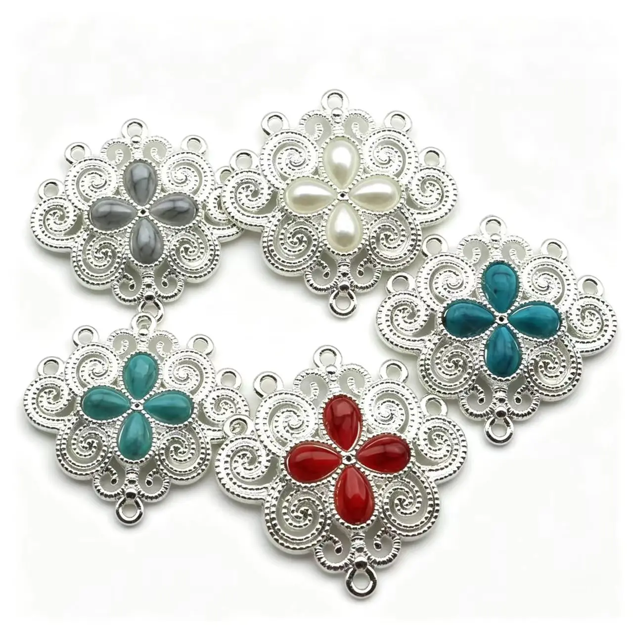 5Pcs 3cm Silver Plated Flower Alloy Connecting Charms Multi Loops Stone Embedded Links DIY Bracelet Jewelry Findings