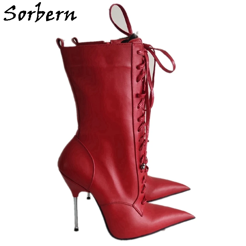 Sorbern Deep Red Cow Leather Ankle Boots Women Fetish Metal High Heels Pointed Toe Short Booties Unisex Sissy Boy Shoes