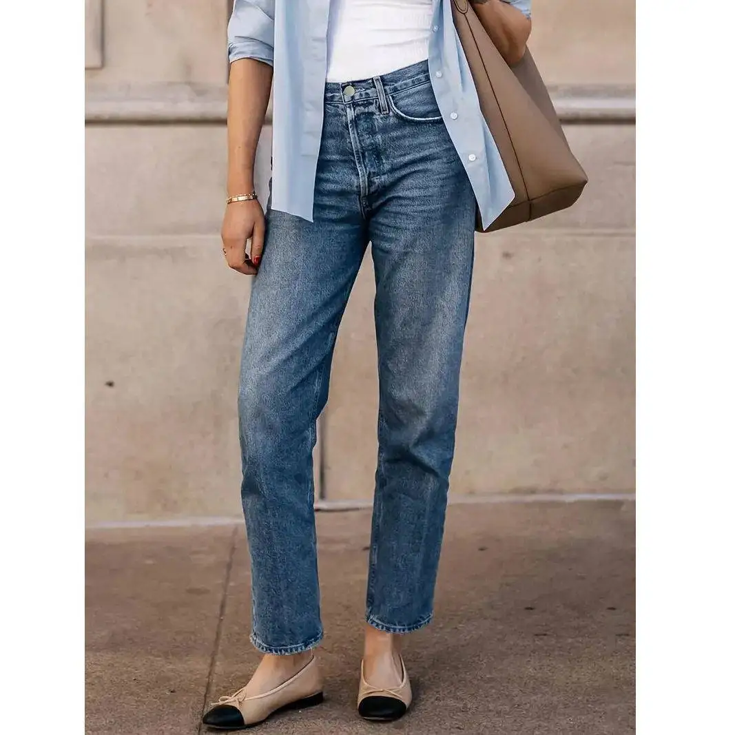 

Casual Straight Leg Jeans Versatile Slimming Style Suitable for Commuting All Seasons Washed Fabric Citywalk Side Zipper