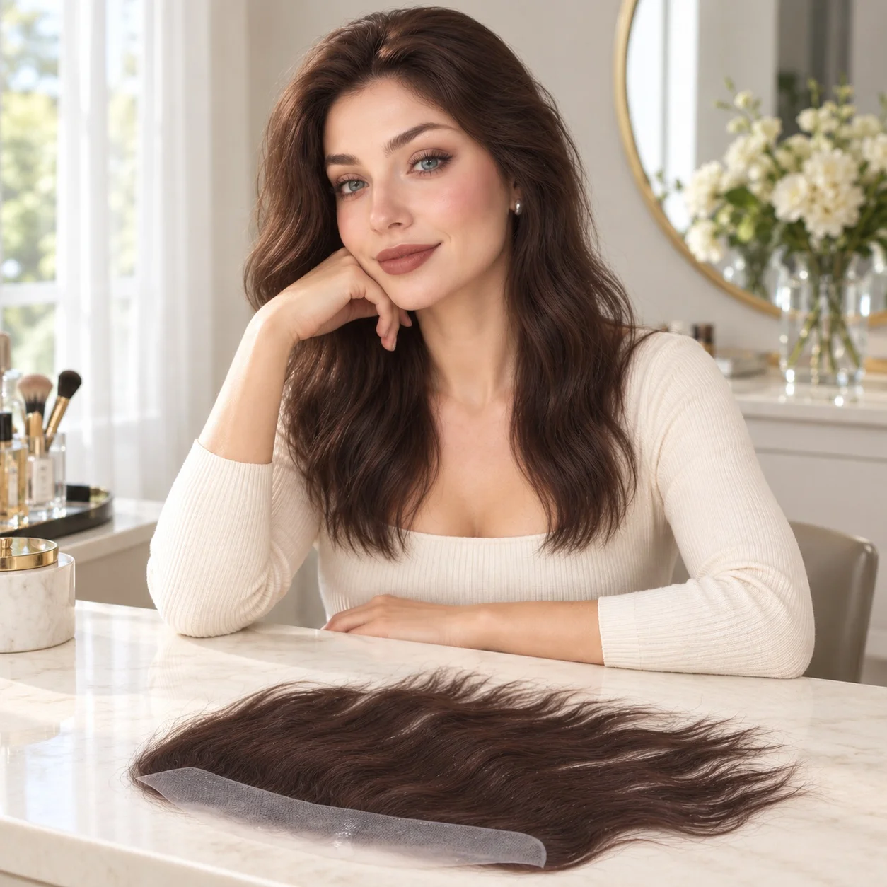 Brown Human Hair Long Frontal Hairpiece 13 Inch with 2x16cm PU Skin Base Hairline Topper for Men and Women