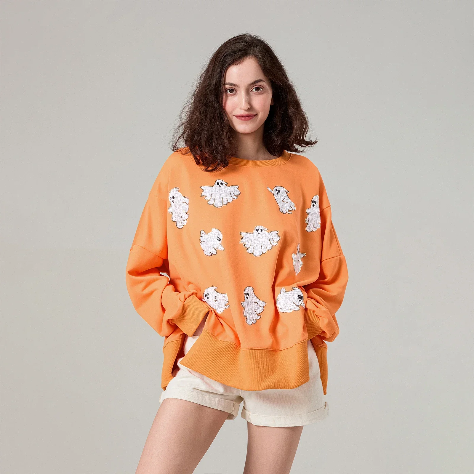 

Women's Halloween Ghost Sequins Long Sleeve Pullover Sweatshirt O Neck Loose Fit Sweatshirts