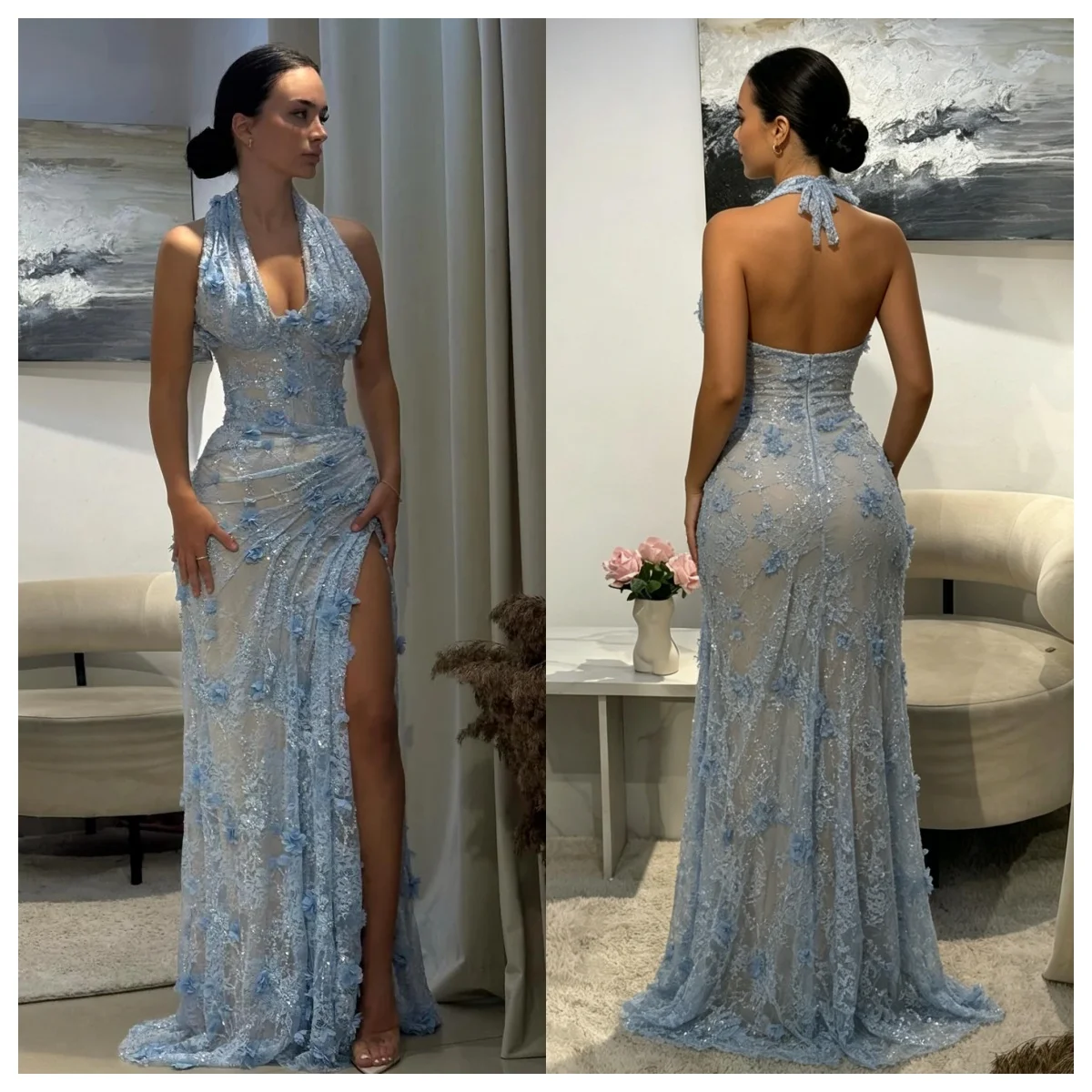 

Customized sky bule 3D Floral Lace Pleated Prom Dress Halter Neck Mermaid Side High Slit vestidos de noiva Floor-length Formal