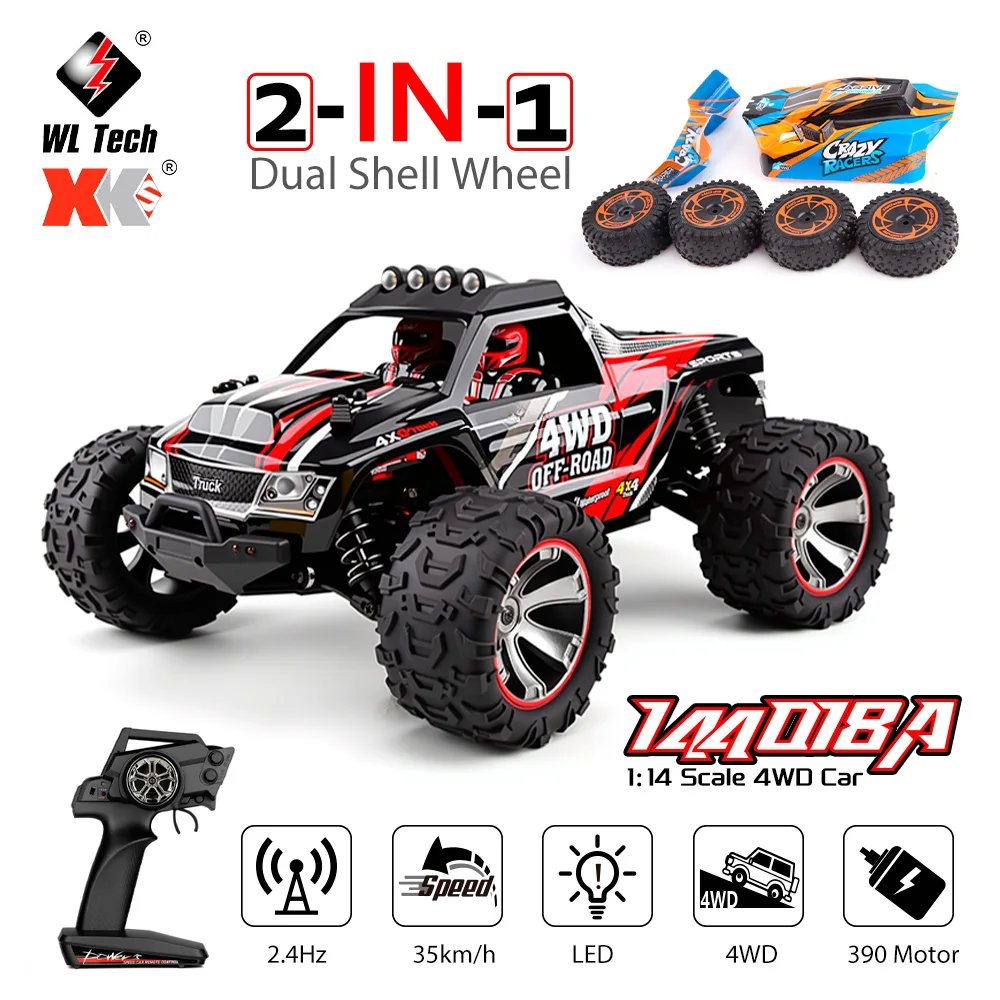 

Радиоуправляемая машина Wltoys 1/14, 35 км/ч, 4WD, 2-в-1, внедорожник/гоночная машина, 144018A, с двойными кузовами и сменными колесами