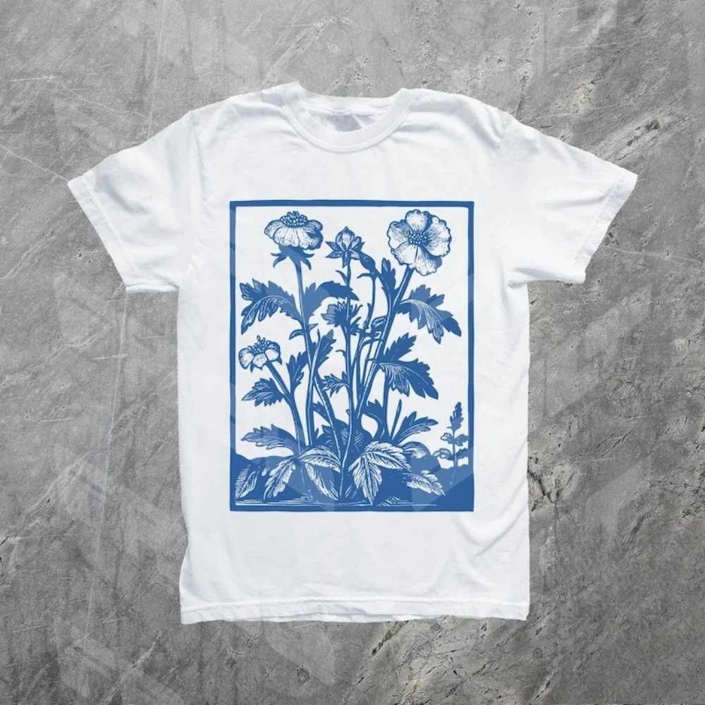 Vintage Wildflowers Graphic Shirt 90s Retro Flowers Tee Pressed Flowers Printed T-shirt Women Crewneck Cotton Short Sleeve