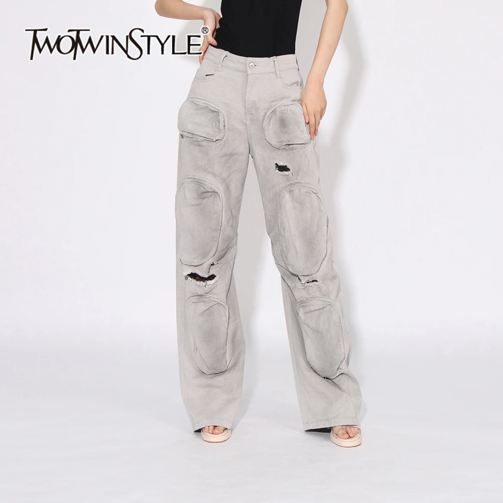 

TWOTWINSTYLE Streetwear Spliced Pocket Denim Pant For Women High Waist Patchwork Button Vintage Chic Cargo Pants Female Fashion