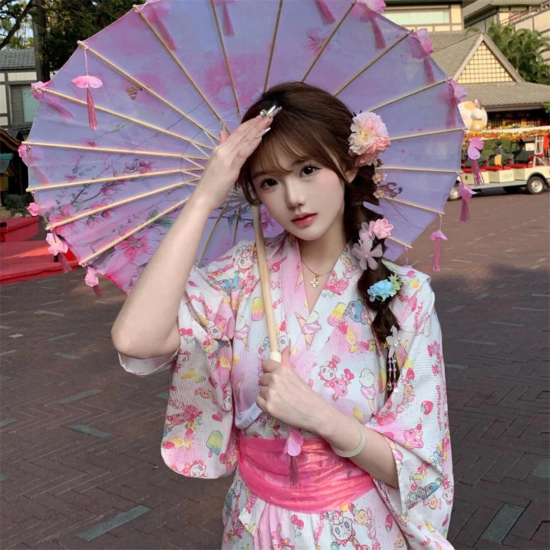 كيمونو تقليدي وردي فاتح فتاة أسطورية يابانية Sle نسخة محسنة كيمونو دكتور الألعاب النارية مهرجان الملابس النسائية