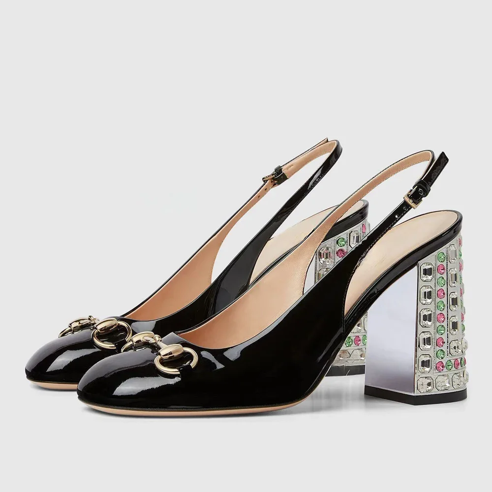 

Mixed Diamonds Chunky Heels Women Square Toe Sandals Back Strap Patent Pumps Office Ladies Metal Decor Slingback Shoes
