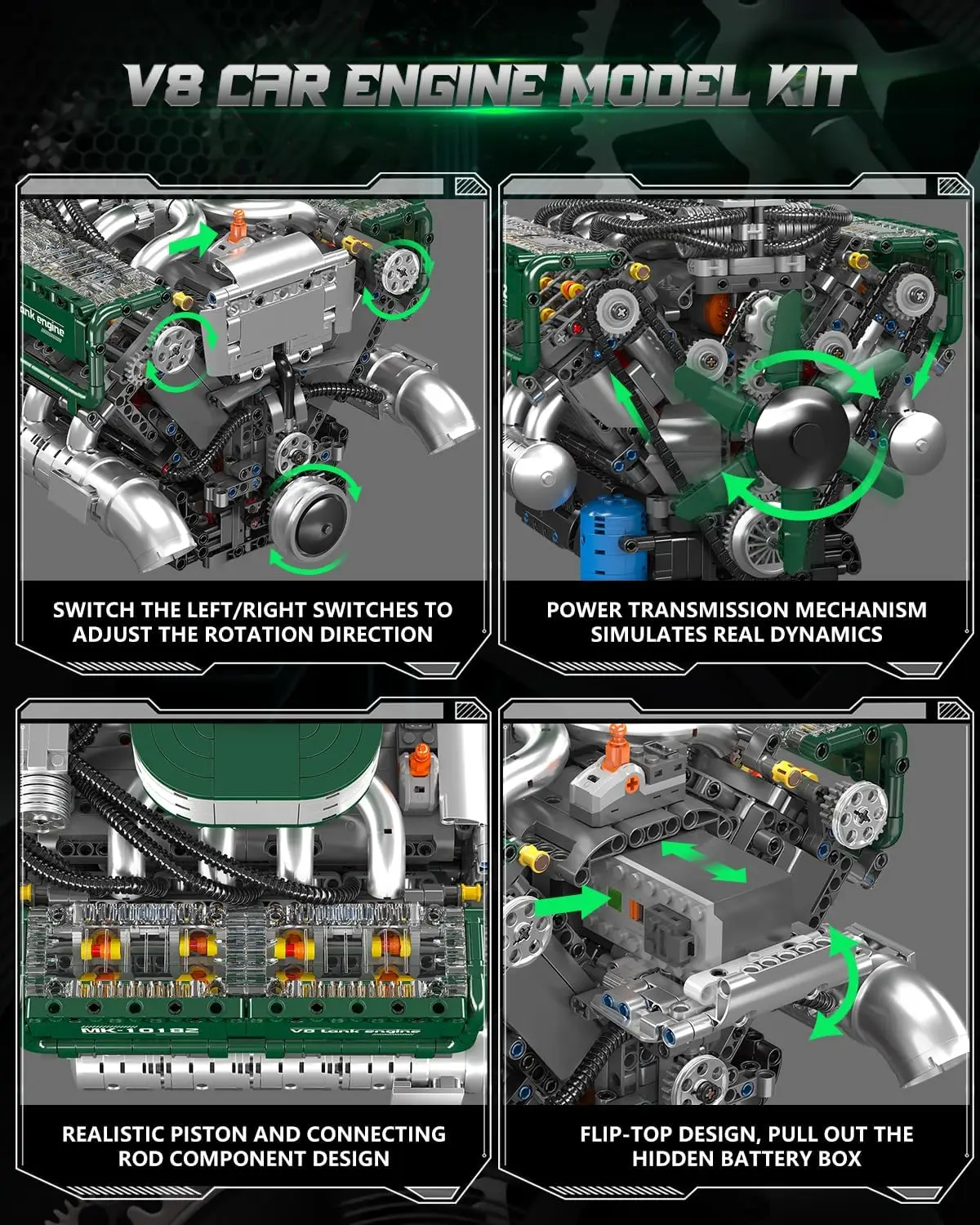 10182 V8 Engine Building Blocks Sets, MOC V8 Tank Engine Model Kit with Battery and Motor, Collectable 8-Cylinder Combustion Car