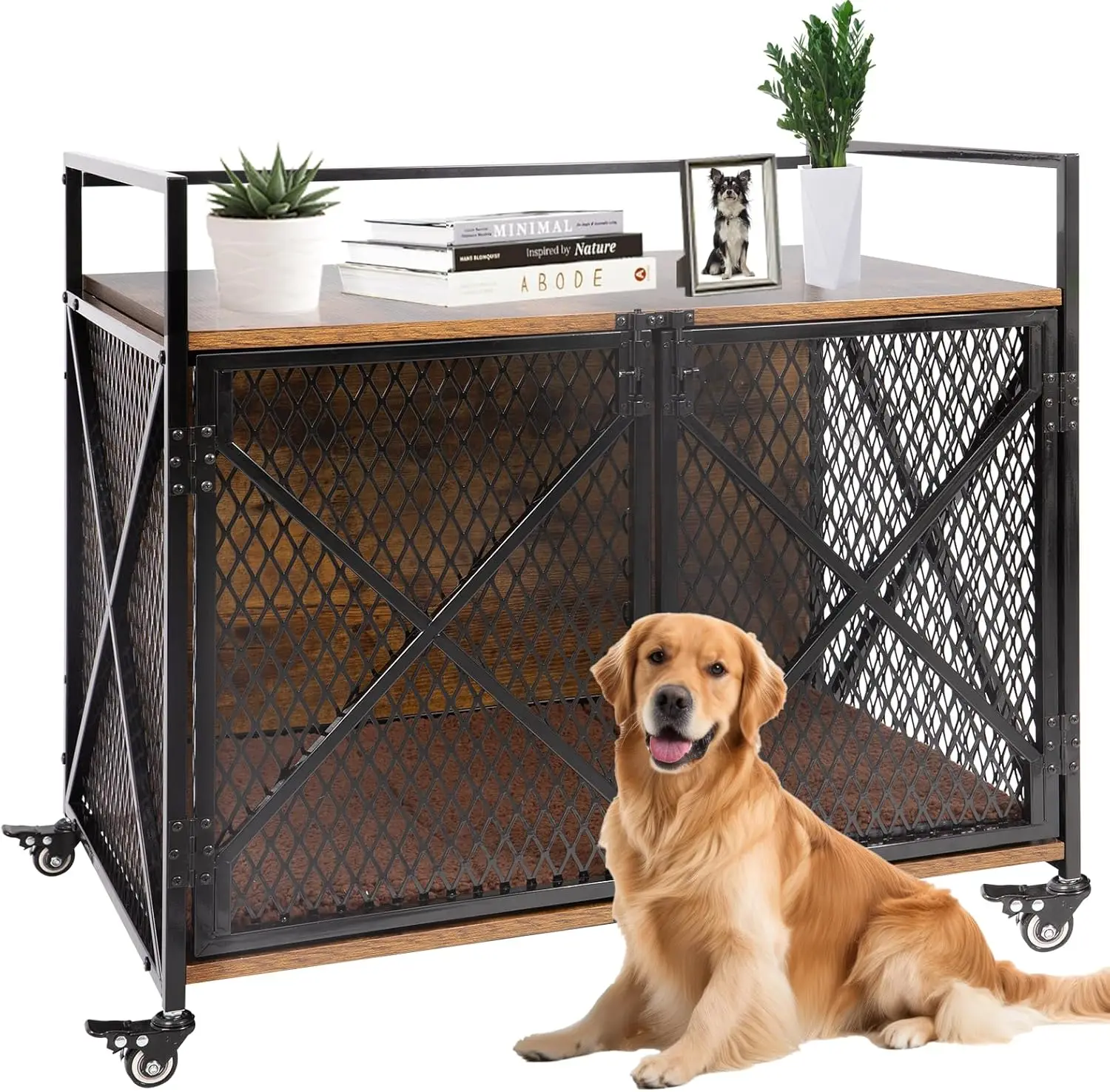

Dog Crate Furniture with Cushion, 41"L x 23.6"W x 35.8"H Wooden Kennel with Double Doors, Heavy Duty, Chew-Resistant, Wheels