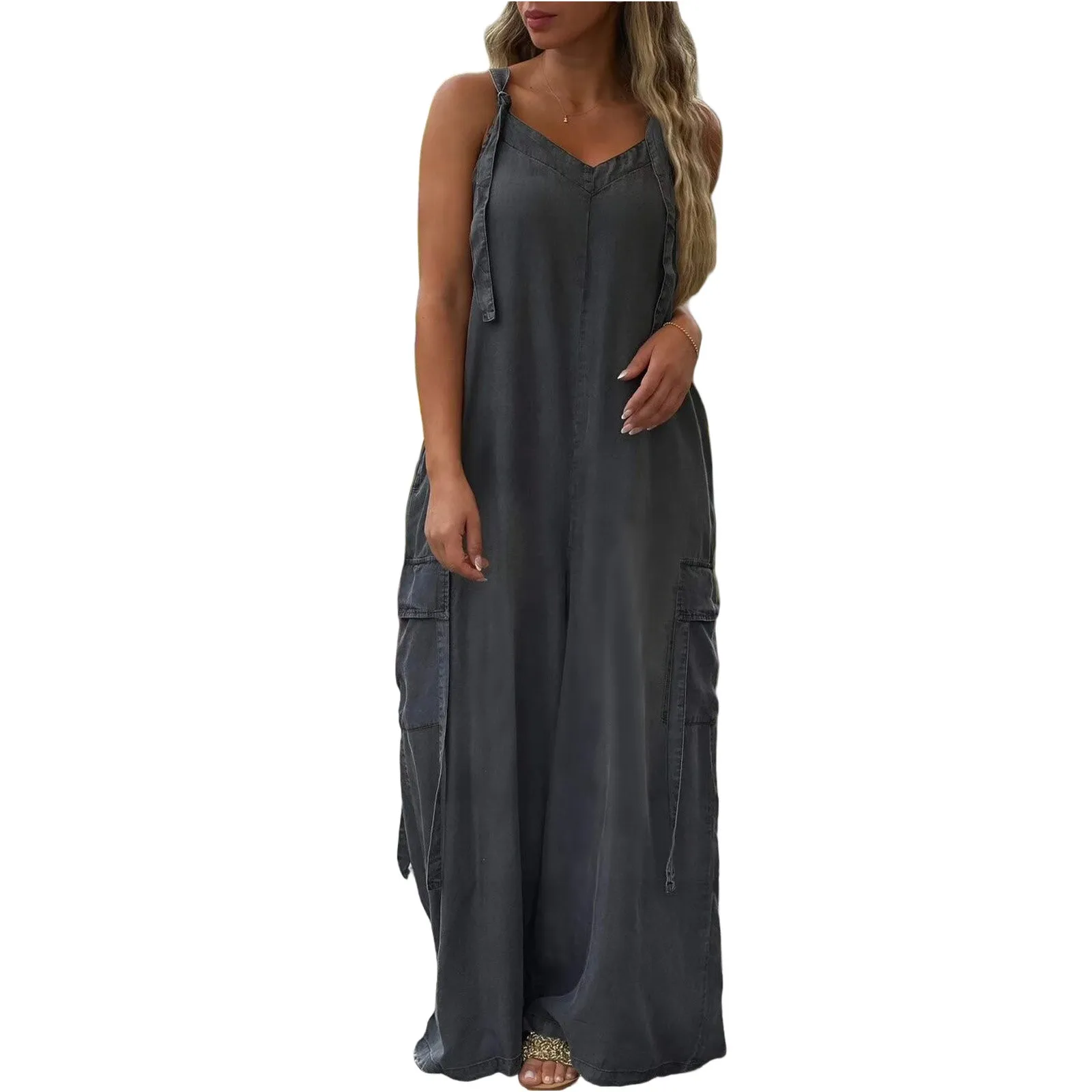 

Womens Casual Comfort Jumpsuit Simplicity Shoulder Strap Loose Pocketed Jumpsuit Summer Fashion Solid Slip Overalls Monos Largos
