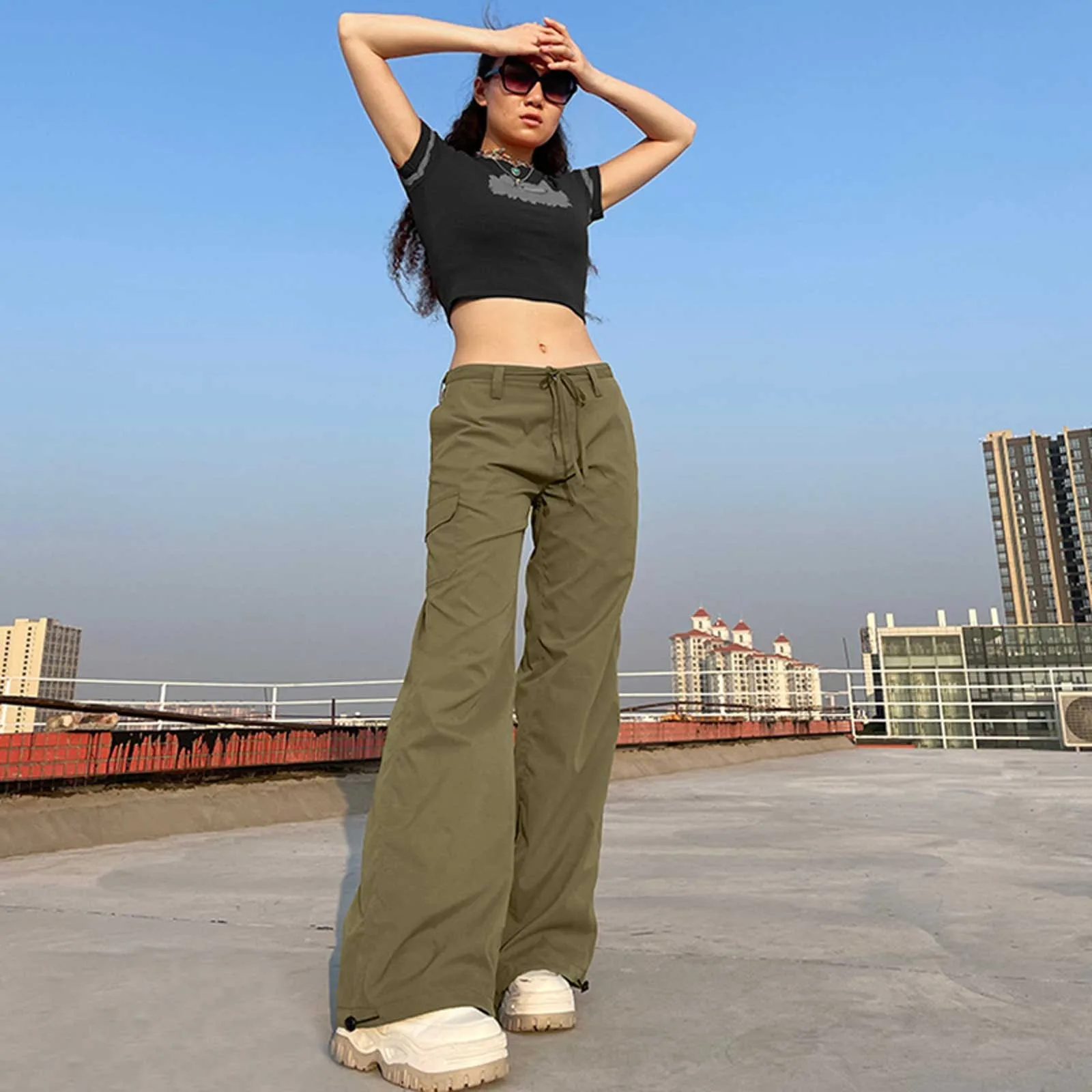 Women's  Clothing Drawstring Fashion Sport Pants Low-waisted Casual Pocket Straight Work Long Pants