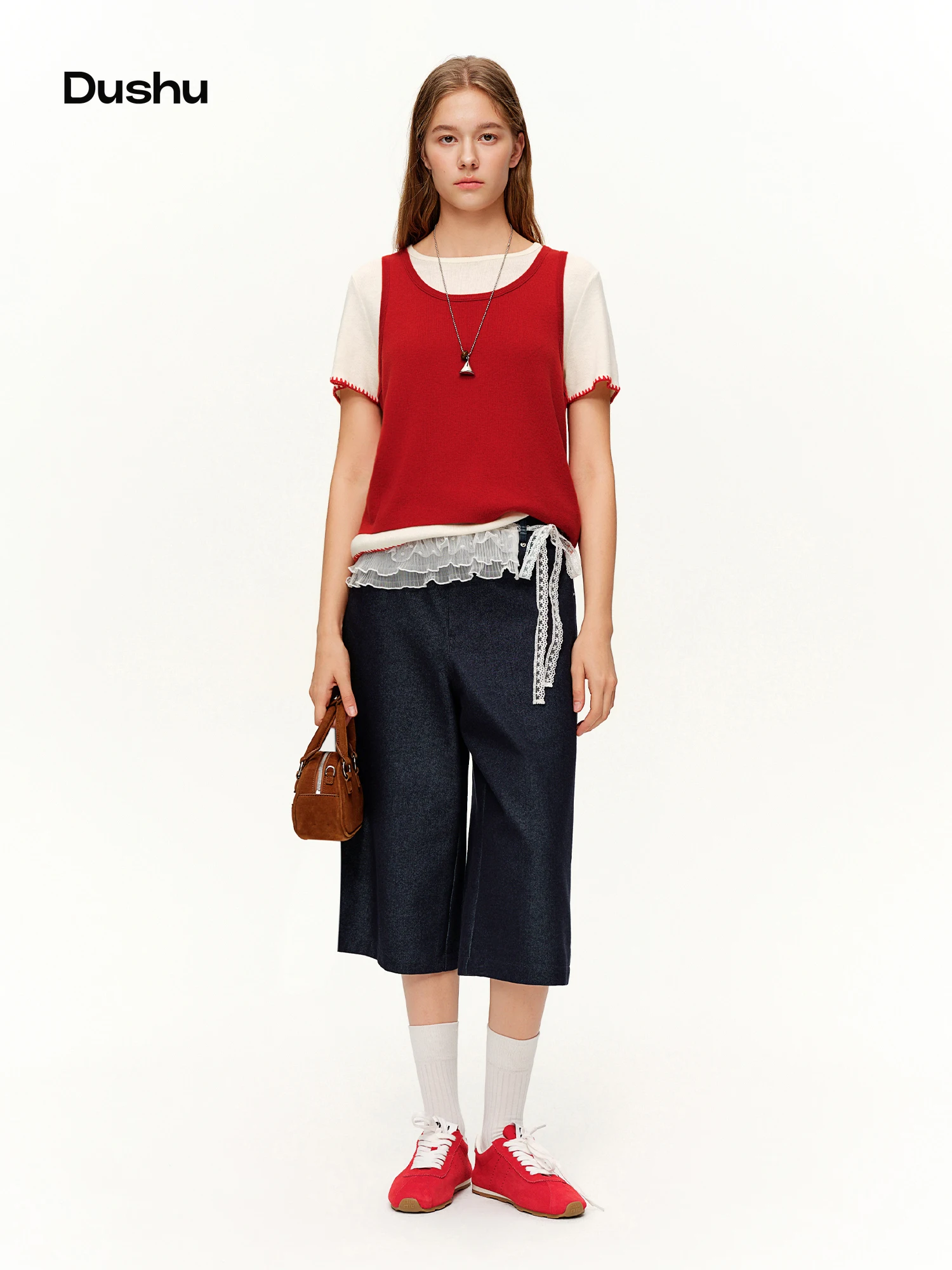 

DUSHU 2026 Spring Women's Lace Overlay Denim Cropped Straight Leg Jeans, High Waist Pants with Detachable Y2K Layered Style