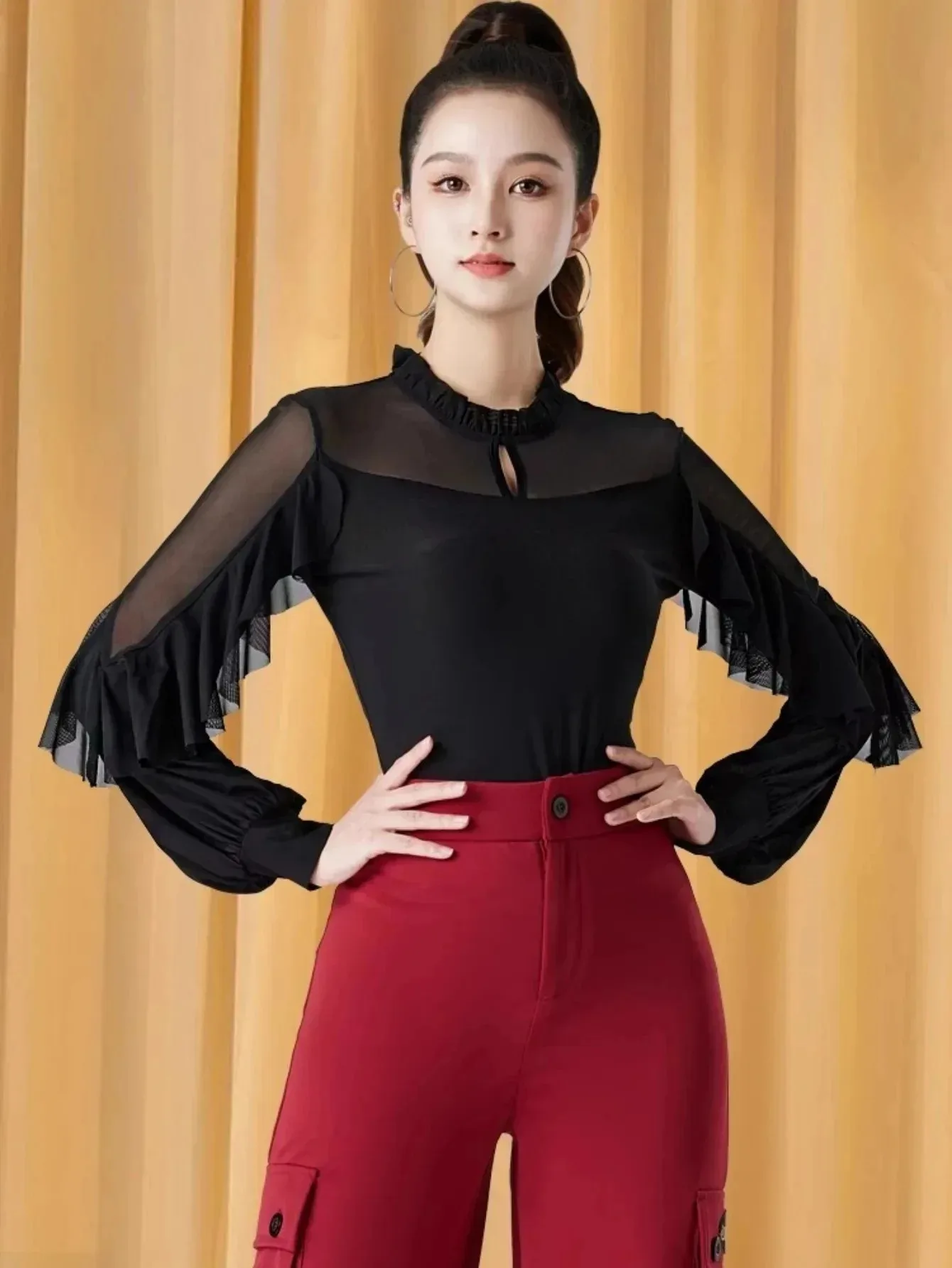 

Women's Latin Dance Tops Practice Suit Modern Dance Netting Shirt Adult Clothes Standard Ballroom Dance Top Fitness Sportswear