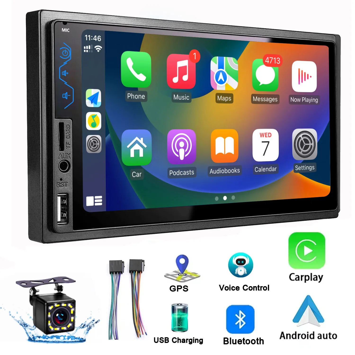 

7 Inch HD Touchscreen Car Radio 2 Din Car Video Player CarPlay&Android Auto with Rear Camera Bluetooth Voice Control USB/AUX/TF