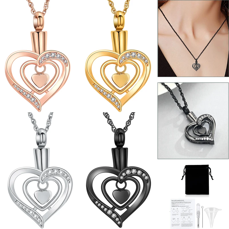 

Romantic Women Cremation Jewelry Double Heart Pendant Necklace Small Urn For Ashes Stainless Steel Love Memorial Customize