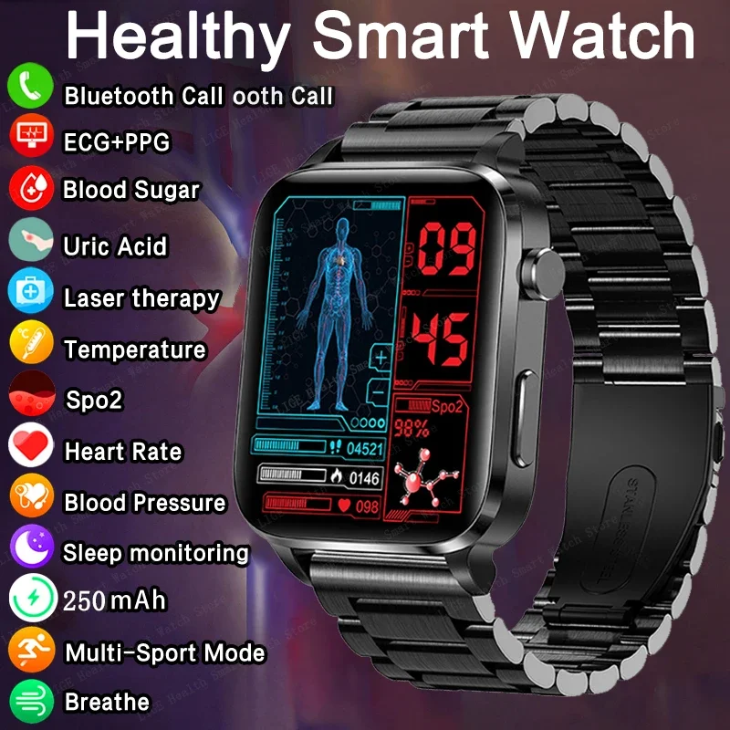 

LIGE Thermometer Smart Watch Men Sangao Laser Assisted Treat Health Heart Rate Sport Watch Monitoring Smartwatch Blood Pressure