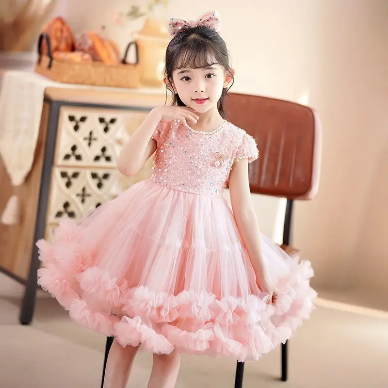 Girls' Summer Dress New Fashion Sequin Pearl Collar Decorative Dress Korean Version Children's Sweet Birthday Princess Dres