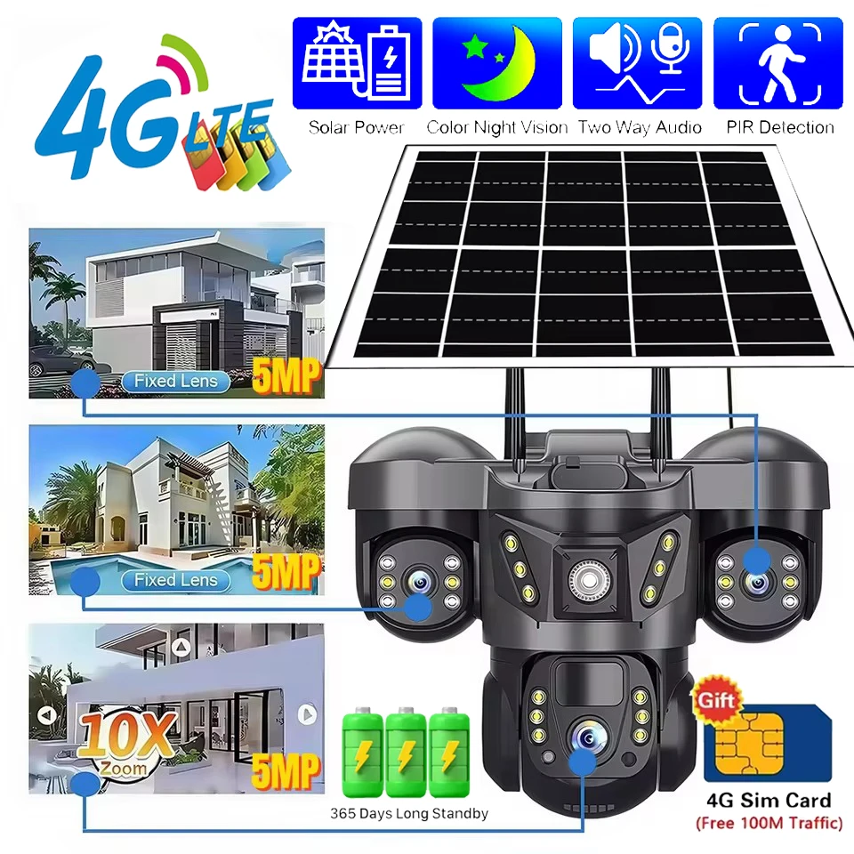 

Tri-lens Home Surveillance Cameras 15MP Outdoor Waterproof Security Protection Night Vision Wireless CCTV 4G SIM Card IP Camera