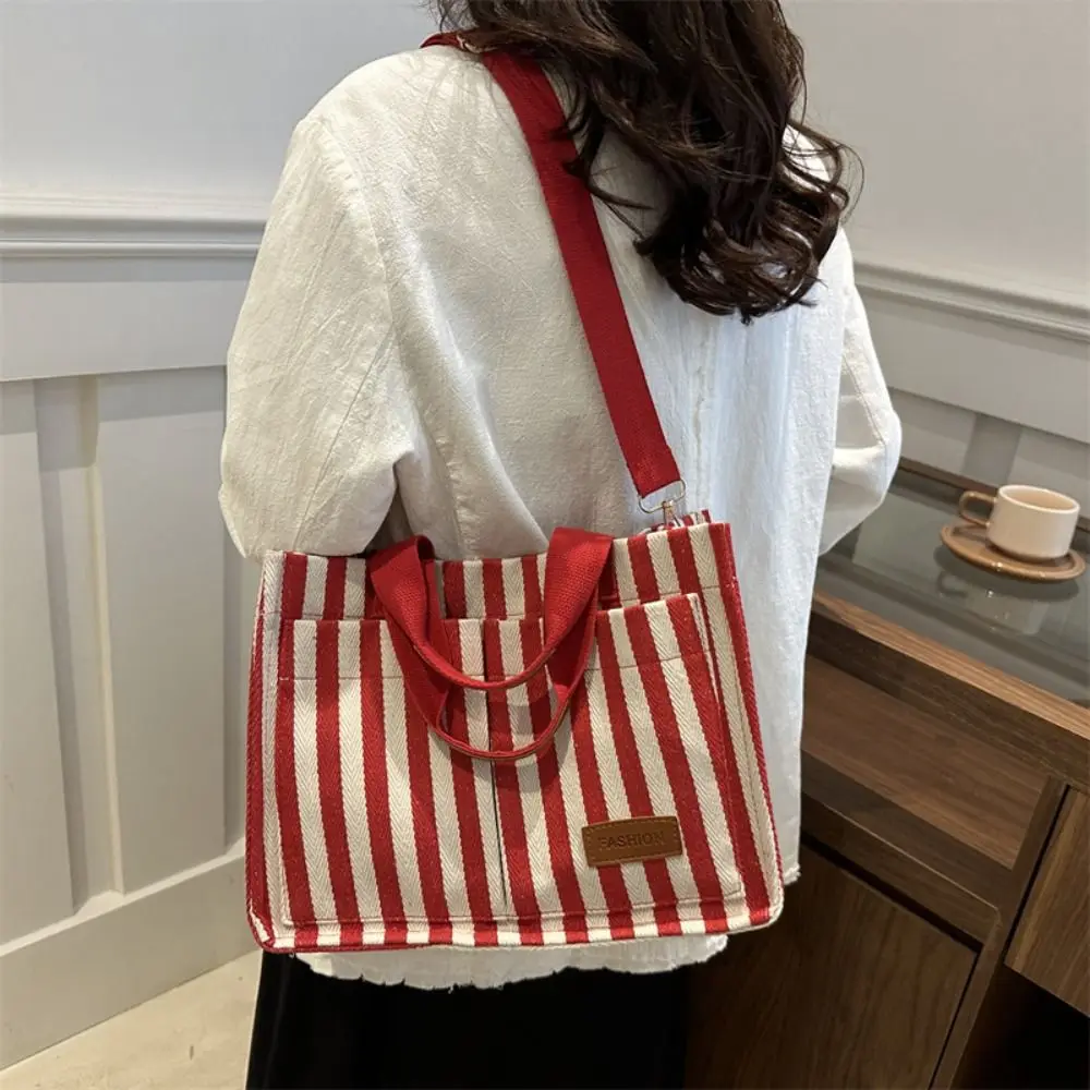 

Cute Large Capacity Stripe Canvas Tote Bag Simple Korean Style Shoulder Bag Portable Fashion Cloth Handbag Girls