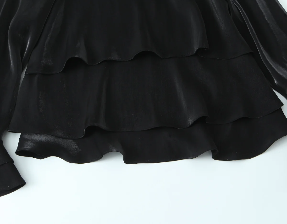 Camicia con spacco posteriore con decorazione a strati in tessuto lucido a maniche lunghe girocollo moda casual da donna nuova inverno 2025