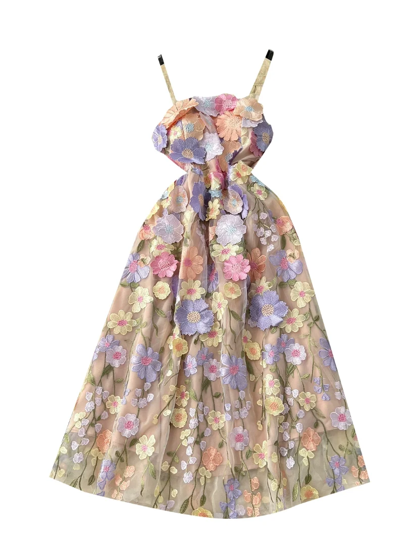 

French high-end women's dress summer three-dimensional flower embroidery waist slimming strapless skirts long skirt dress