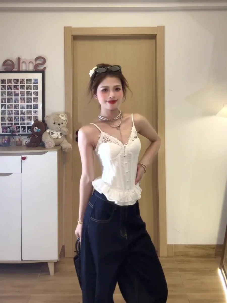 

White Lace ter Vest Women's Summer Design Fibone Bra ort Slim Sexy Spicy Girl Top Commute Sle Pure Color Single Piece