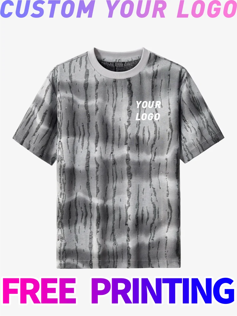 Custom T-shirt free print logo images vintage Distressed Short sleeves tee cultural shirts men's women's Casual Tear clothes