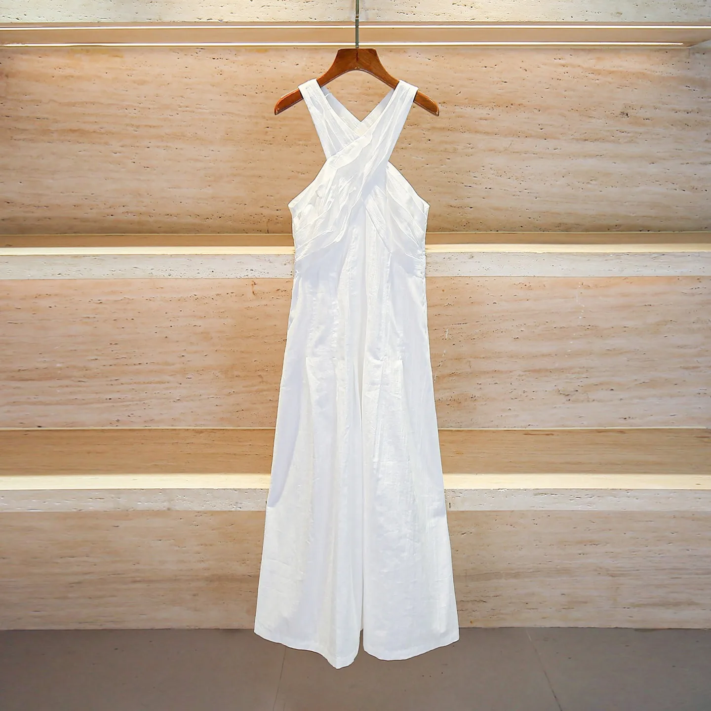 

2025 Summer Women's Cross V-Neck High Waist Solid Color A-Line Strap Dress
