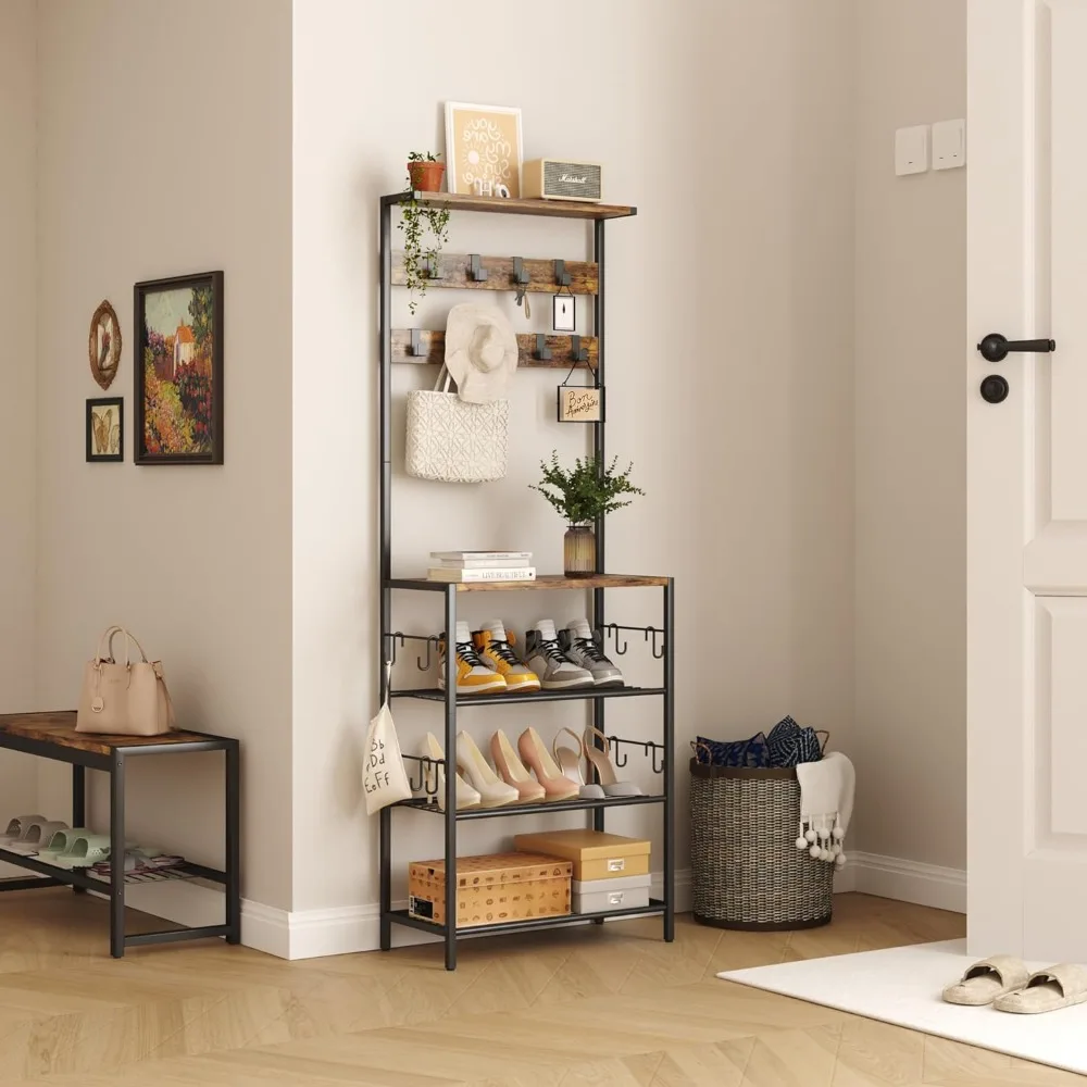 HOMEFORT Coat Rack with Shoe Storage, 5-Tier Shoe and Coat Rack with 9 Clothes Hooks, Freestanding Hall Tree Organizer