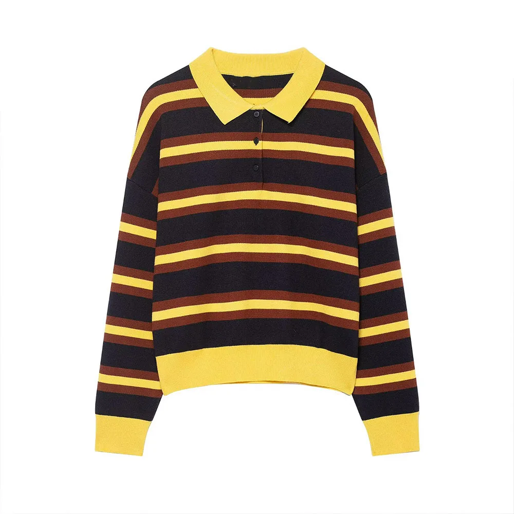 

French retro round neck contrast striped long-sleeved knitted POLO shirt 2025 autumn new fashion slim and versatile top