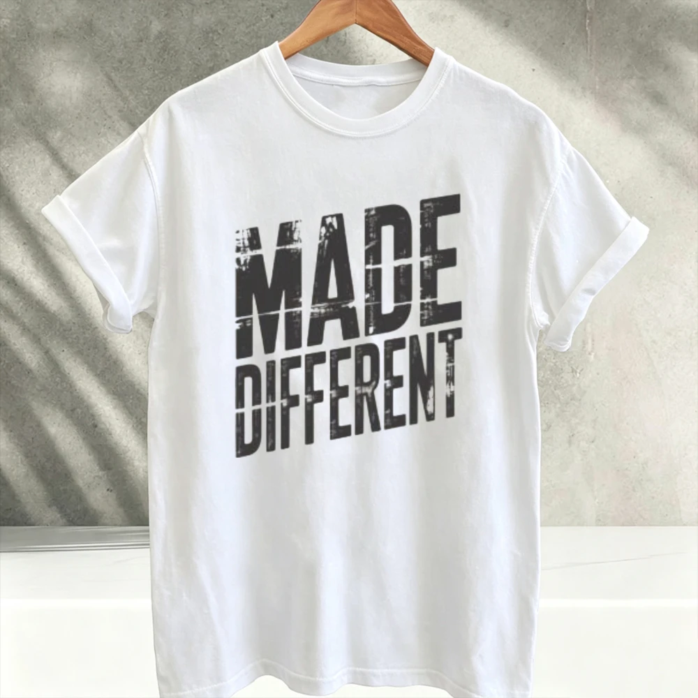 Made Different Distressed Letter Graphic T‑Shirt Men Bold Typography Inspirational Statement Print Tee Casual Short Sleeve Tops