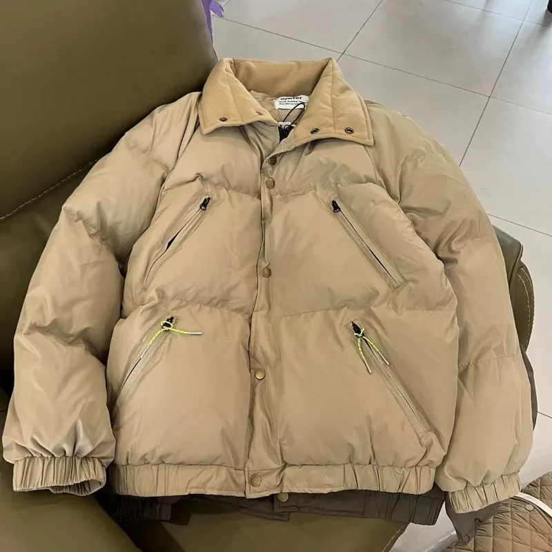 Unisex Winter Puffer Jacket with Multiple Pockets Thickened Fleece Lined Coat for Men Women Japanese Street Style Zip Up Design