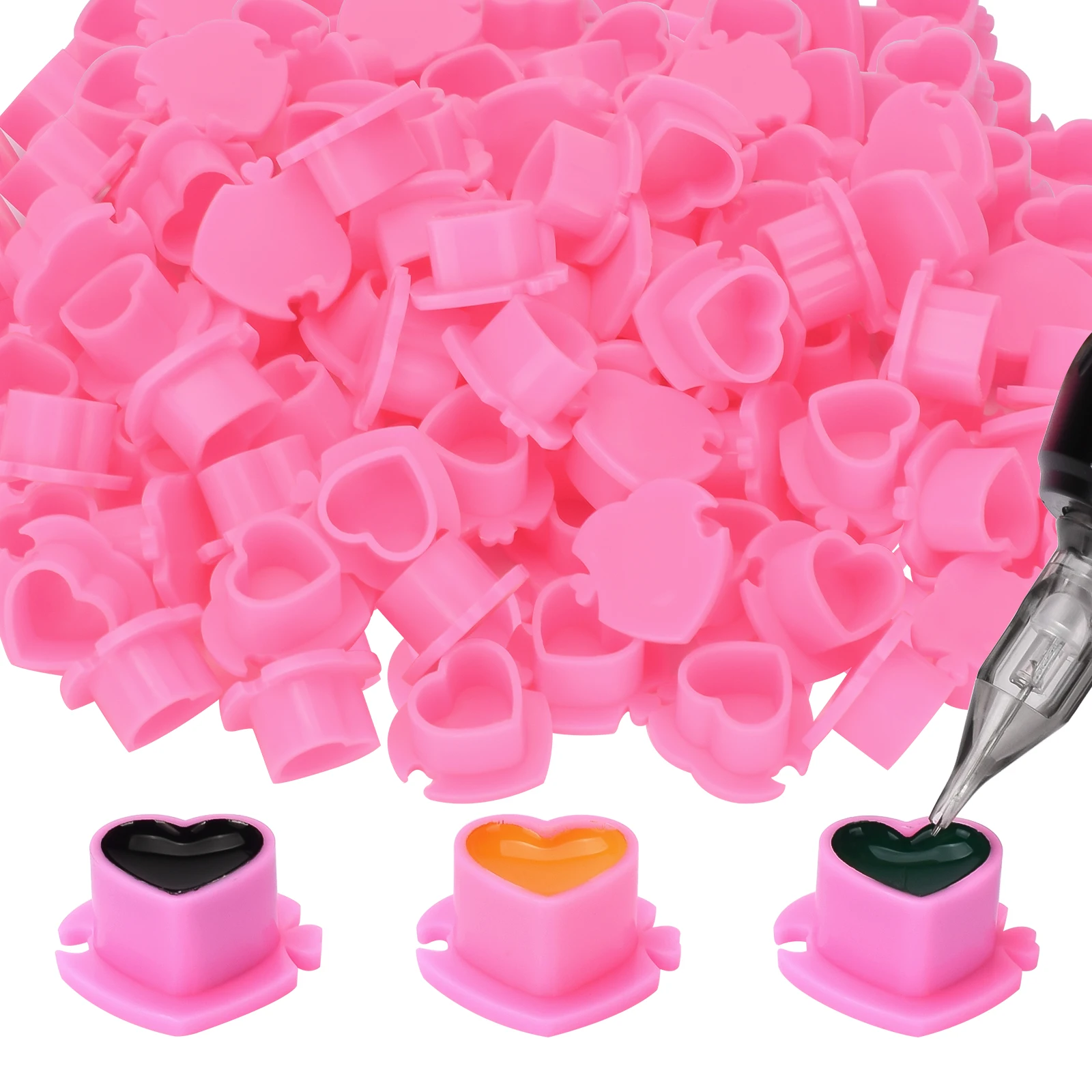 200pcs Heart Shape Pigment Holder Tattoo Ink Caps With Base Plastic Pink Pigment Cups Tattoo Accessory Tattoo Supplies