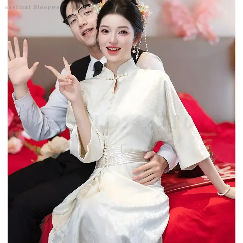 

Bridal Wedding Cheongsam Engagement Dress New Chinese Style Toasting Clothes Women's Retro Morning Robe Elegant Gentle Qipao
