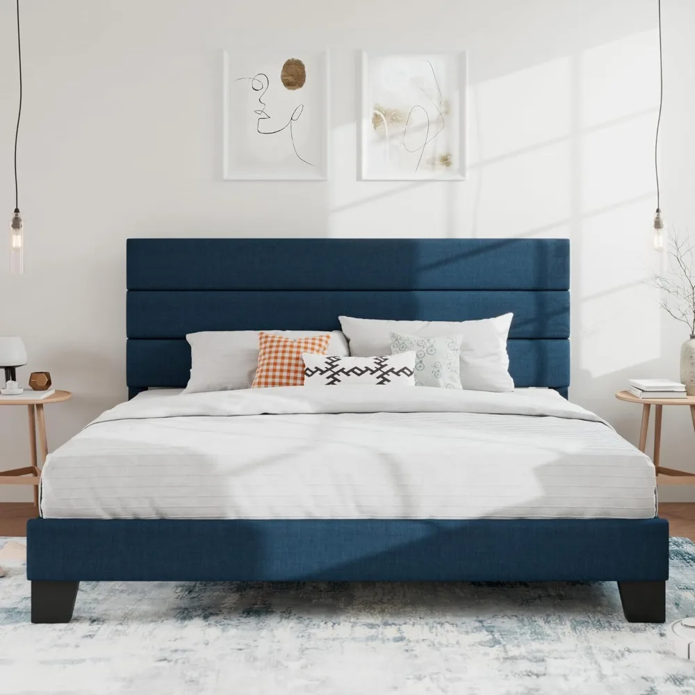 

Platform Bed Frame w Upholstered Fabric Headboard, Mattress Foundation w Strong Wooden Slats Support, No Box Spring Neede