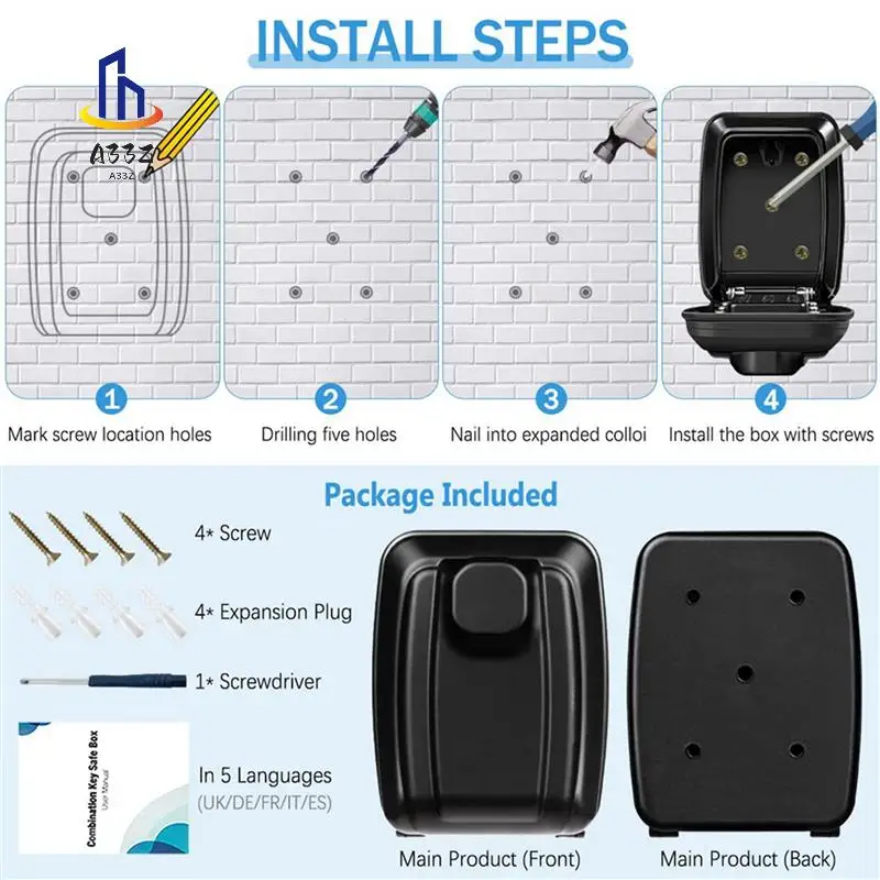 

A33Z-2X Key Box Wall Mounted Large Key Box Secure Waterproof Outdoor Key Box With 12 Code Rustproof Heavy Duty Key