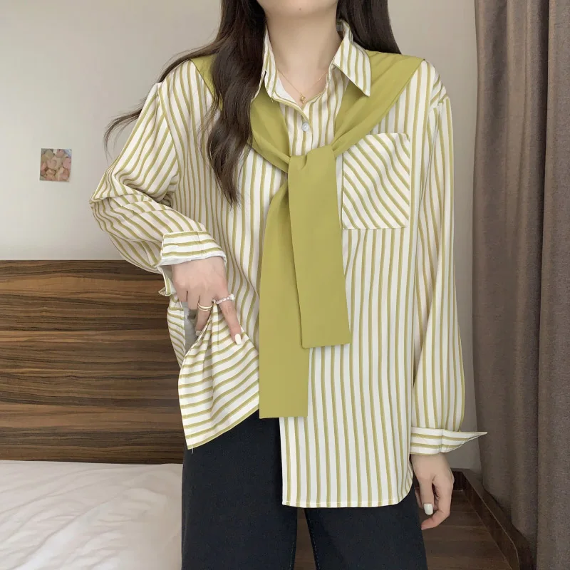 

Autumn New Shawl Spliced Fake Two Striped Shirts Women Long Sleeve Simple Casual Loose Chiffon Blouse Female Top Tunics