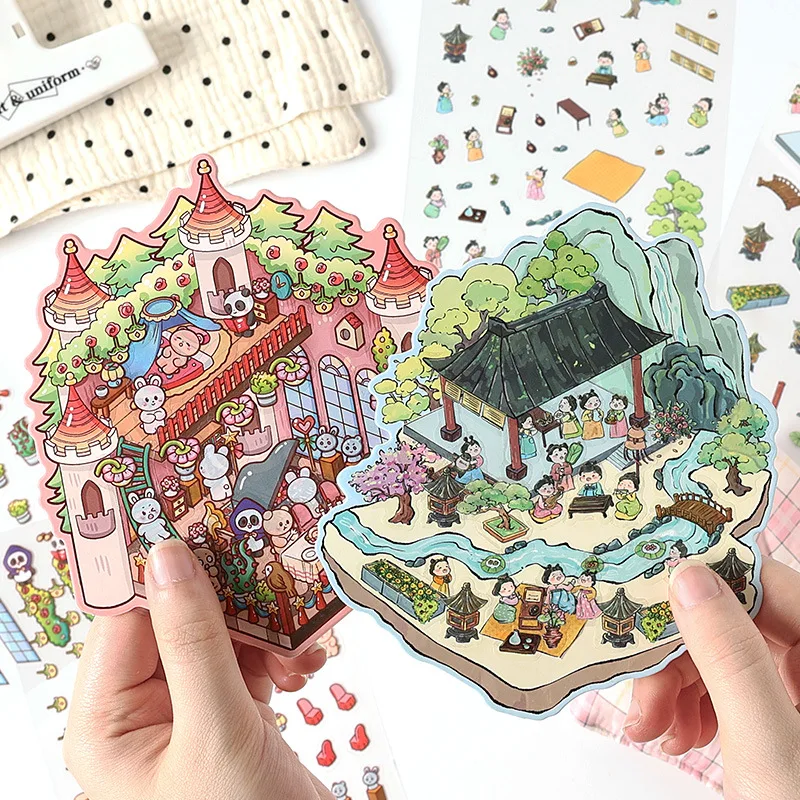 4pcs/set Funny Micro Make Scene Sticker Cute Cartoon Decompression Scrapbook Journal Sticker DIY Decor Scene Layout Sticker