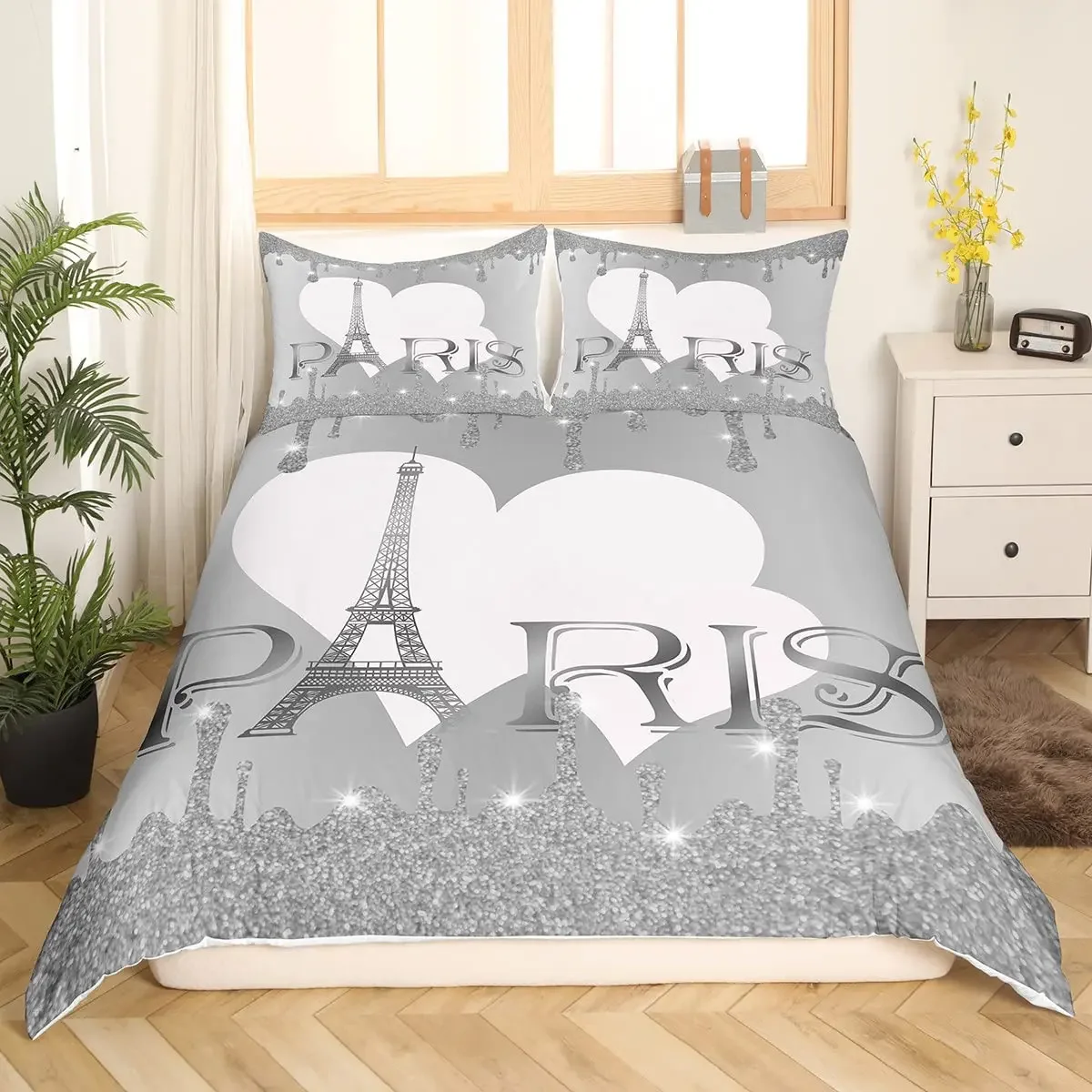 Paris King Queen Double Duvet Cover Girly Glitter Eiffel Tower Bedding Set Valentine's Day Comforter Cover Polyester Quilt Cover