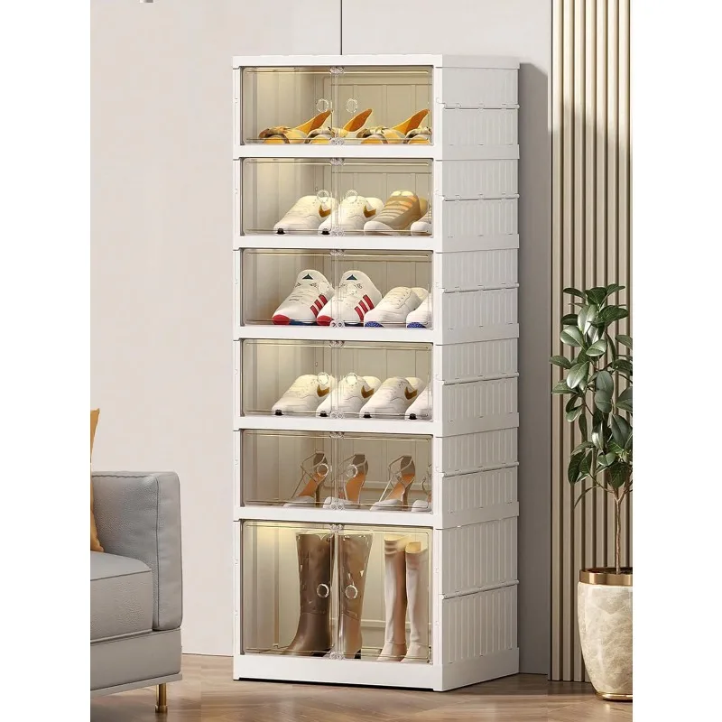 6-Tier Foldable Shoe Rack Organizer For Closet 12Pairs Plastic Shoe Shelf Collapsible Shoes Storage Box Clear Shoe Boxes Stackable With Door Easy Assembly Shoe Cabinet With Lids Large