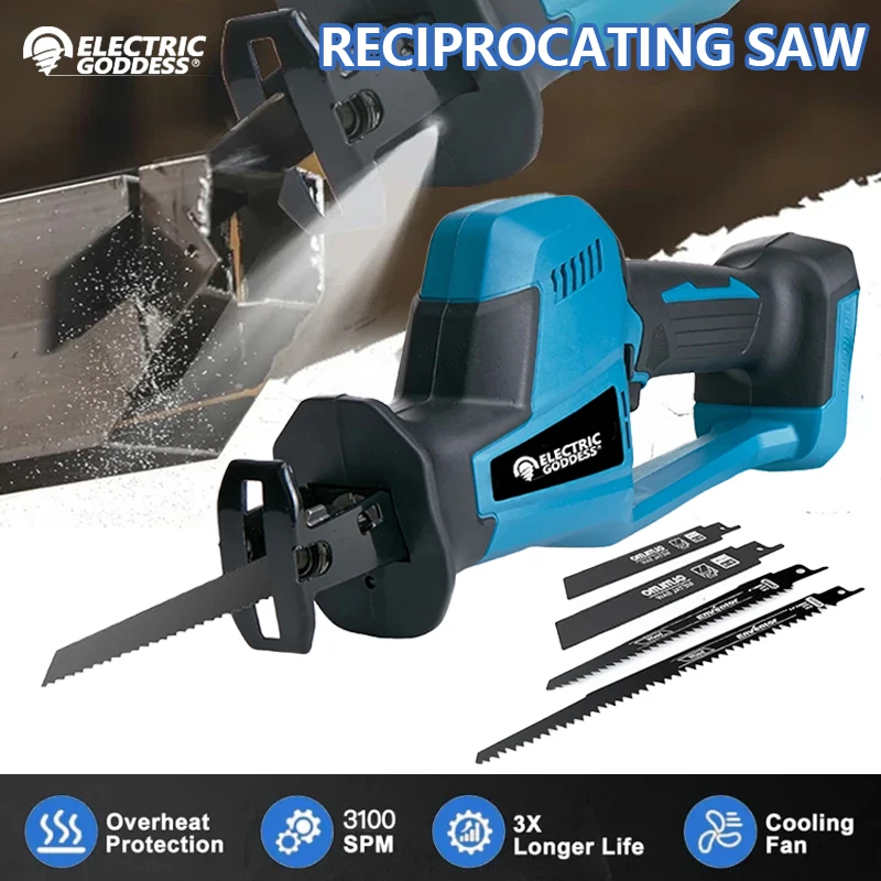 Electric Goddess Cordless Reciprocating Saw Power Saw for Wood / Metal Cutting with 4pcs Blades For Makita 18v Battery