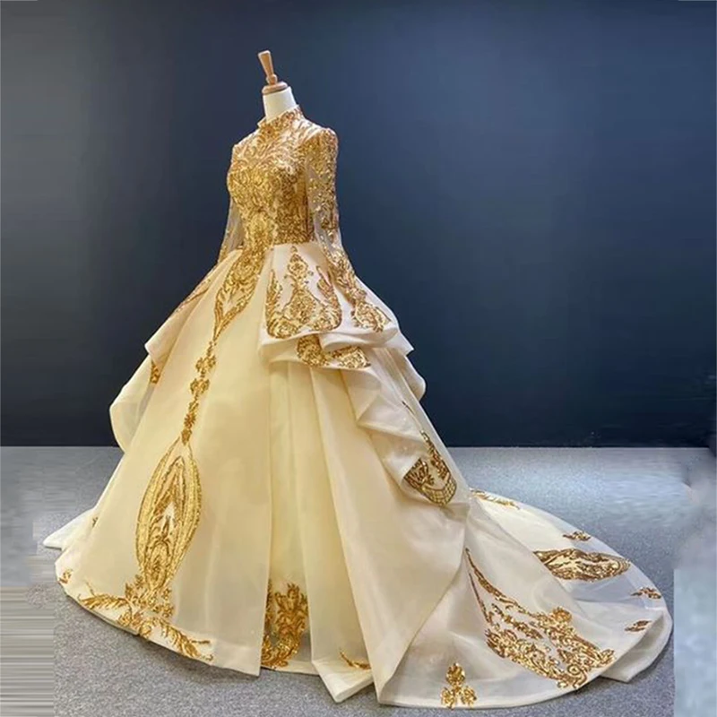 Shinning Gold Evening Dresses Sparkly Lace Appliques Long Sleeves Ball Gown Prom Dresses Saudi Arabia Formal Party Dress